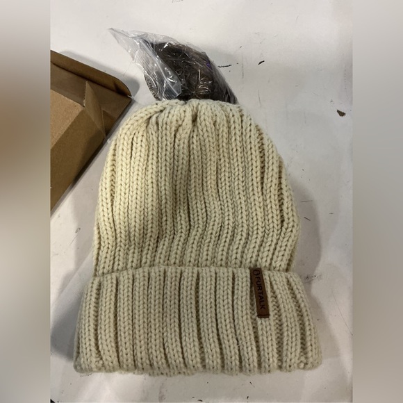 FURTALK Satin Lined Pom Pom Beanie Beige Faux Fur Knit Hat New - Picture 8 of 9